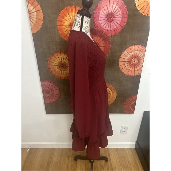 Woman’s Burgundy Smock Bodice MIDI Dress W/Peasant Sleeves Boho Chic Sz M - Picture 3 of 6